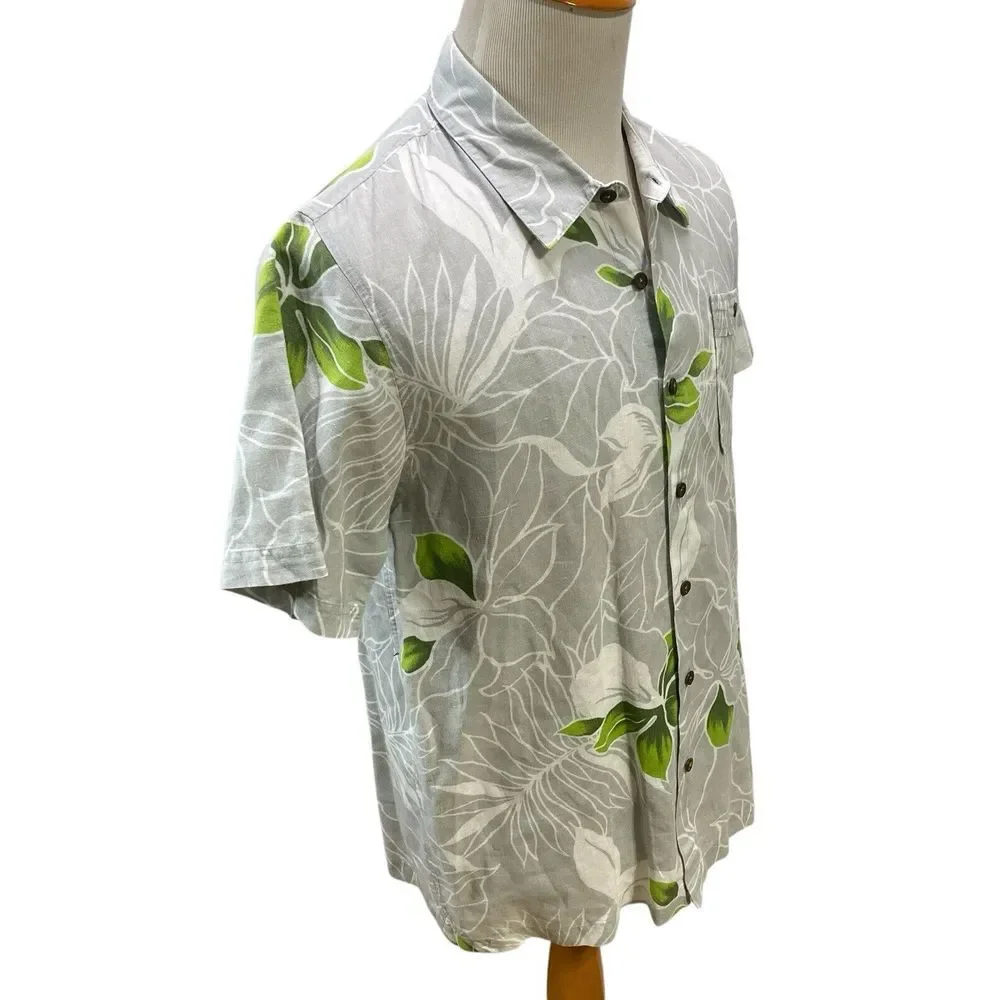 Toes On The Nose Button Up Shirt M Gray Green Floral Hawaiian Aloha Camp Mens‎